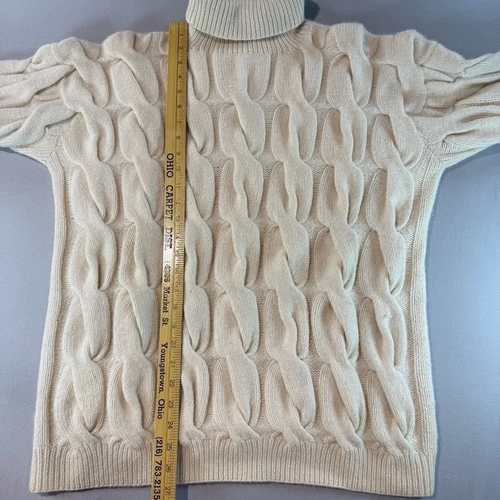 90s Vintage I. Magnin 100% Cashmere Sweater L Cream Cable Knit Turtleneck
